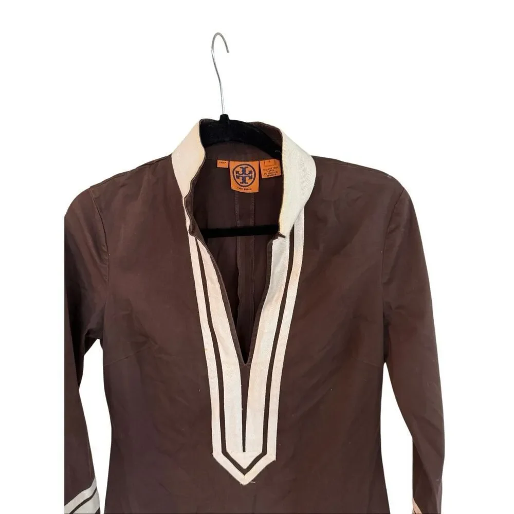 Tory Burch Womens Brown 3/4 Sleeve Deep V-neck Mini Kaftan Tunic Dress Size 8
